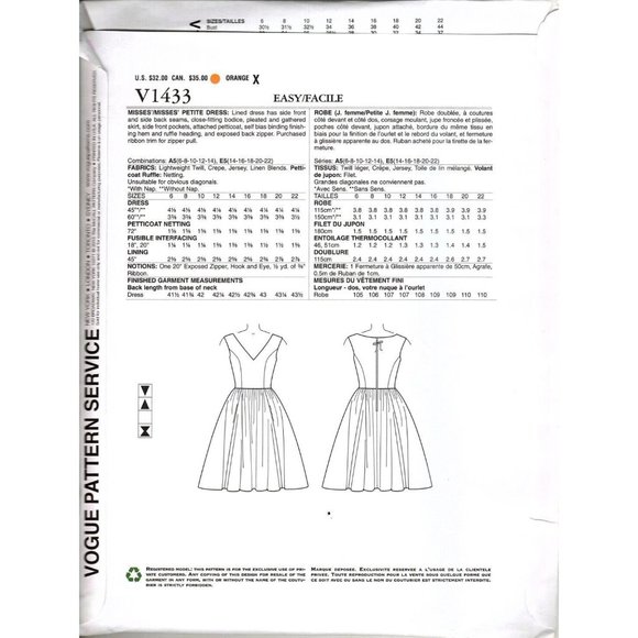 Vogue V1433 Designer Tracy Reese NY Dress Size 6 to 14 Uncut Sewing Pattern - Picture 2 of 2